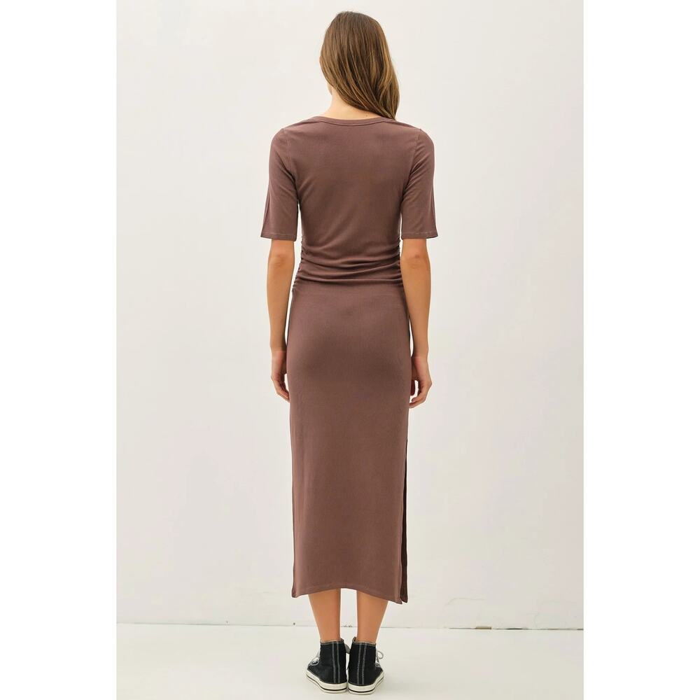 MAGASCHONI XS Midi Dress Ribbed T Shirt Casual Short Sleeve Brown Slit Stretch